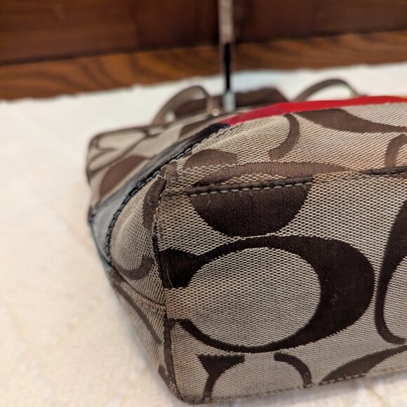 COACH Khaki Signature Legacy Rainbow Stripe Gold Leather Shoulder Tote F15588 - Picture 8 of 12